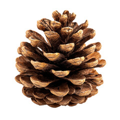 Close up studio shot of a single brown pine cone with visible scales on a transparent background isolated object