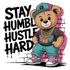 Hip hop teddy bear wearing a baseball cap and gold chain standing against a brick wall with graffiti text STAYHUMBLEHUSTLEHARD