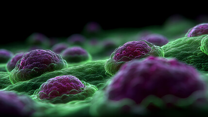Epithelial tissue with emerging tumor nodules depicting abnormal cell growth invasion and early cancer progression, communicating oncology screening and therapeutic challenge.
