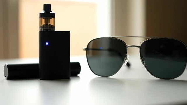 Modern vaping device and sunglasses on a stylish table setting
