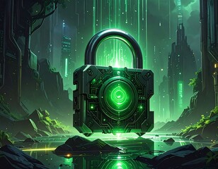 A large, glowing green padlock hovers in an artificial river against a futuristic cityscape backdrop. Glowing light streaks are visible