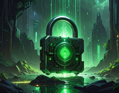 A large, glowing green padlock hovers in an artificial river against a futuristic cityscape backdrop. Glowing light streaks are visible