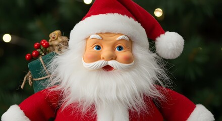 Obraz premium A close-up of a Santa Claus figure with a white beard, red suit, and Christmas tree background
