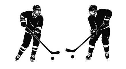 Fototapeta premium Two hockey players in black uniforms poised for a faceoff position