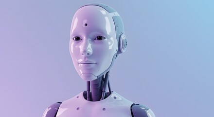 A close-up of a serene-faced, realistic humanoid robot against a soft, gradient background