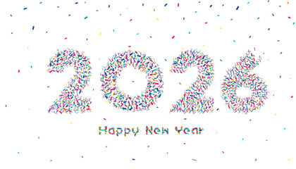 Happy New Year 2026 background design with colorful typography and confetti. 