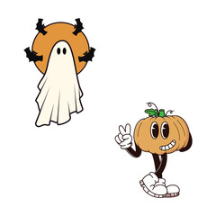 Classic cartoon halloween art: retro ghost and happy pumpkin mascot.