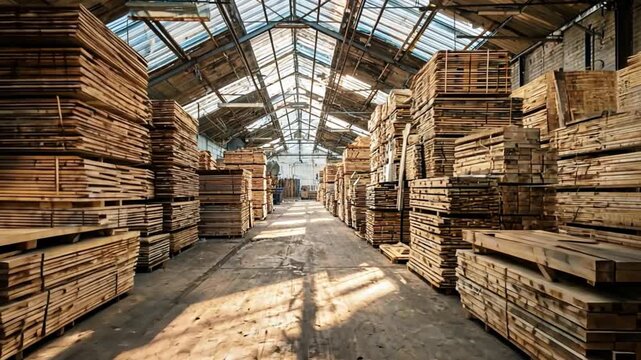 Sunlight streams through a warehouse filled with stacks of lumber, 4k video