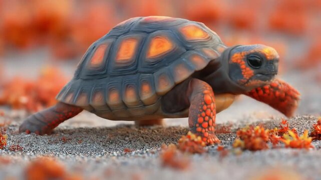 Close-up of a small turtle with vibrant orange and dark gray patterns on its shell, walking across a sandy surface dotted with small, reddish-orange objects.