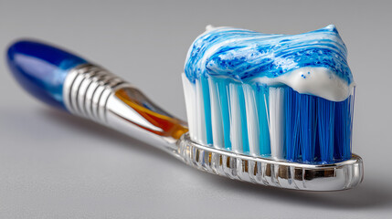 A toothbrush with toothpaste stripes in blue and white tones symbolizing oral hygiene