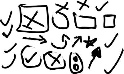 A collection of hand-drawn symbols, including check marks, crosses, arrows, and geometric shapes.