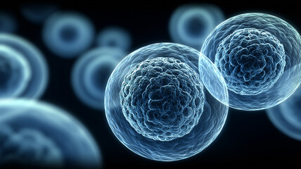 Two cells in division showing mitosis in progress, symbolizing growth replication and genetic inheritance for learning and biomedical innovation.
