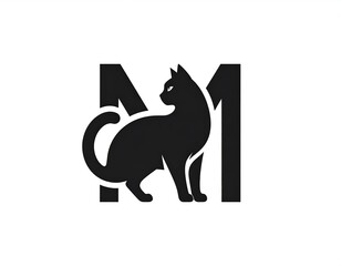 A minimalist logo design. A black cat silhouette is set within the letter "M". The overall composition presents a clean, modern look against a white background