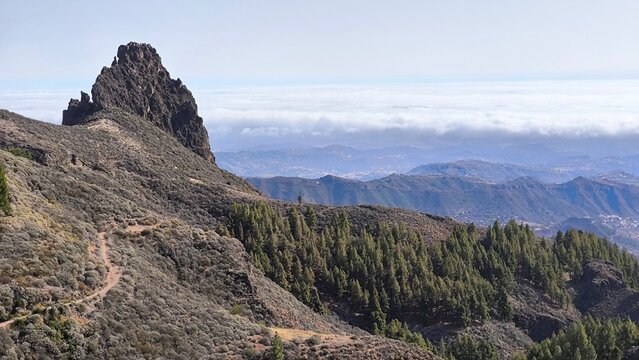Typical mountain landscape in the center of the island, the rock in the background - Roque del Pino. Gran Canaria. Canary Islands. Spain. - Powered by Adobe