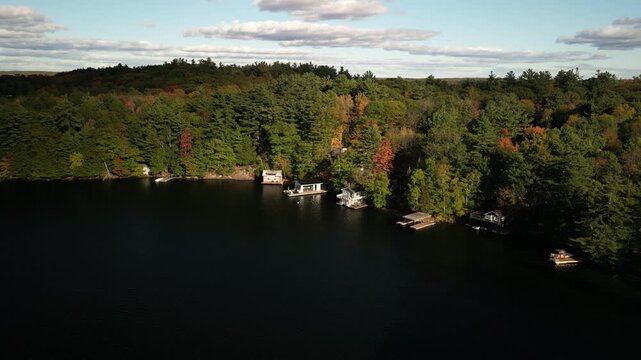 Aerial of boat houses and docks on Lake Rosseau in Port Carling Ontario Canada