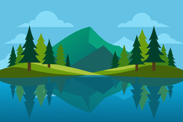 Landscape view of mountain and trees reflected water