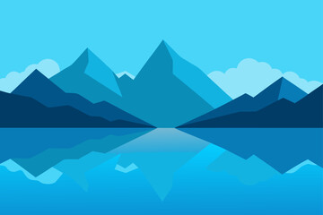 Blue mountains reflected in the water landscape