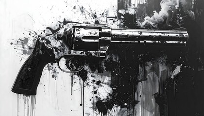 A monochrome artistic depiction of a revolver amidst paint splatters, smoke and striking light