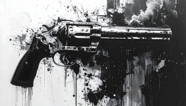 A monochrome artistic depiction of a revolver amidst paint splatters, smoke and striking light