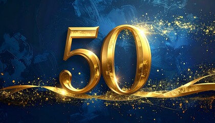A golden "50" gleams against a deep blue background, adorned with swirling patterns and sparkling light effects, like ribbons