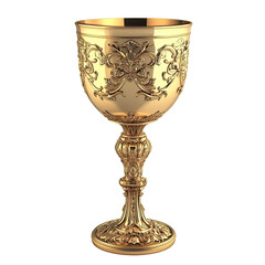 Ornate gold chalice with detailed scrollwork, footed