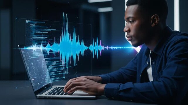 Young black male programmer in a hoodie working on a laptop, with vibrant sound wave visualization and coding interface, illustrating modern technology and digital creativity
