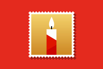 A stylized candle illustration depicted within a postage stamp frame against a red background.