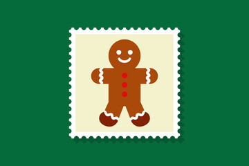 A gingerbread man illustration on a decorative postage stamp against a green background.