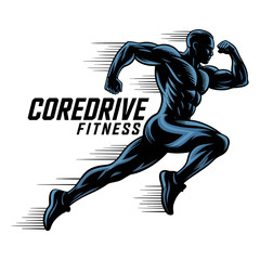 Silhouette of a running man with text COREDRIVEFITNES male adult
