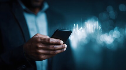 A businessman checks market data on his smartphone with a glowing financial graph overlay