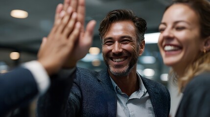 A diverse team of professionals sharing a high five and celebrating a successful achievement together in a modern office environment