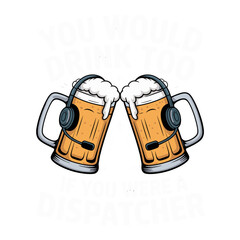 Two Beer Mugs with Headphones Toasting with Foam and Text Keywords: beer, mugs, headphones, toasting, foam, celebration, cheers, drinks, alcohol, beverage, pub, bar, night, party, friends, social