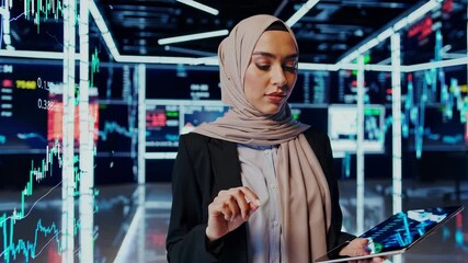 Confident businesswoman using tablet in office. Businesswoman works tablet interface. Office background graphs. Businesswoman analyzes data with tablet. Businesswoman in office, technology, success - Powered by Adobe