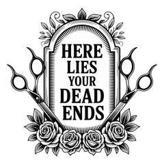 Vintage Tattoo Style Design with Scissors Roses and Tombstone Quote retro black and white