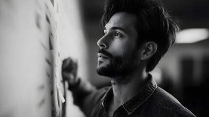 A man thoughtfully planning and organizing tasks on a wall covered with notes in a monochrome office setting