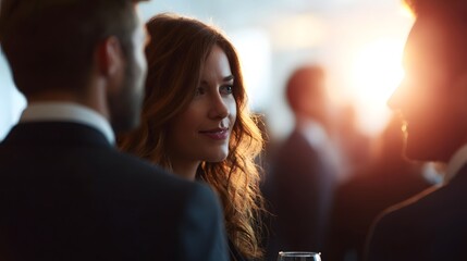 Professionals converse and network at a warm ambiently lit corporate event