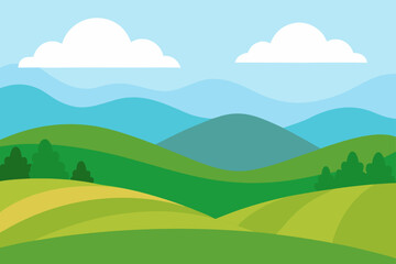 Fototapeta premium Cartoon landscape with green hills and cloudy sky