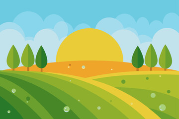 Cartoon landscape with sun trees and rolling hills