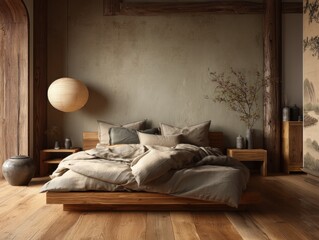 A wooden bed with a lamp on the nightstand