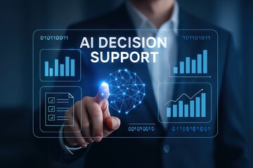 Powerful AI decision support interface helping businesses thrive with innovative technology solutions, presenting insightful data analytics and future insights for smart investment strategies