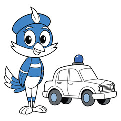 Cartoon Police Bird Character with Uniform and Patrol Car – Cute Educational Animal Illustration for Kids Safety and Learning Activities © Ashikuzzaman