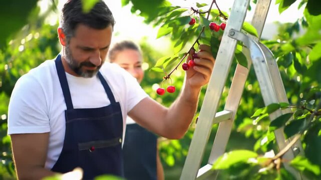 A medium video, framed through lush foliage, captures a middle-aged caucasian man in an indigo apron meticulously harvesting plump, dark red cherries in a sun-drenched orchard at golden hour.