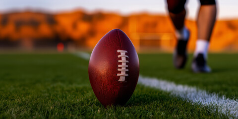 poster with a ball placed on the field for a free kick, the legs of a football player preparing to kick, moments from a game or practice of a college American football team