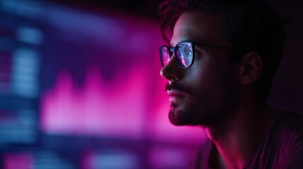 Man in glasses intently studying a glowing neon digital dashboard with data charts