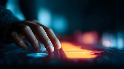 A hand touches a glowing digital interface visualizing data and analytics