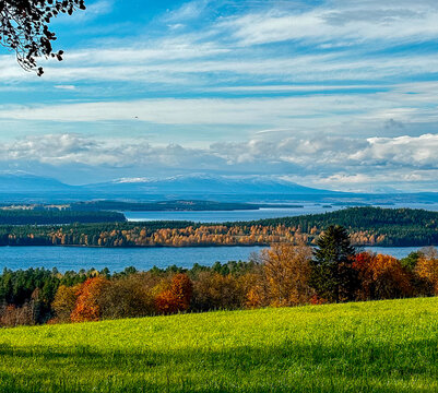 Froson island by fall autum view on Storsjon lake and mountains