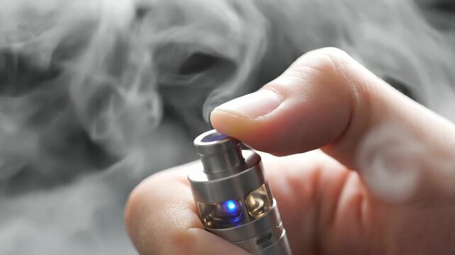 Close-up of Finger Pressing Button on Electronic Vape Device