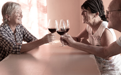 Group of caucasian man and women clink goblet glasses with red wine, three seniors toasting enjoying relaxed moments