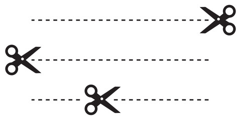 Scissors Cut Lines Vector Icons Set, Coupon Dotted Line Symbols, Paper Cutting and Label Design Illustration