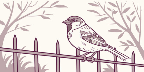 A small house sparrow resting on an iron fence with a softly blurred natural pink background.
